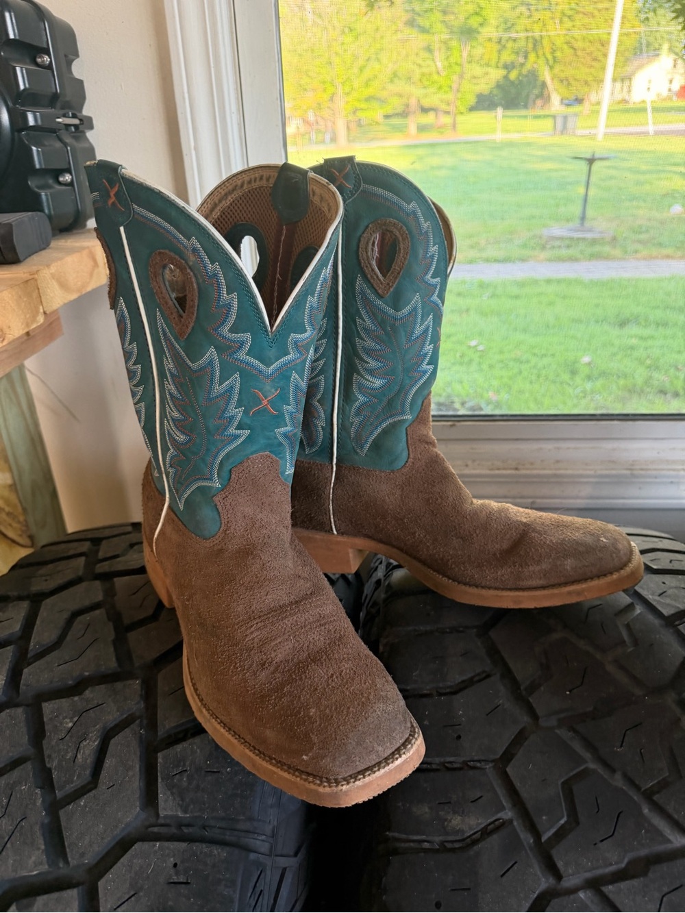 Twisted X Brown Suede Cowboy Boots with Teal Shaft